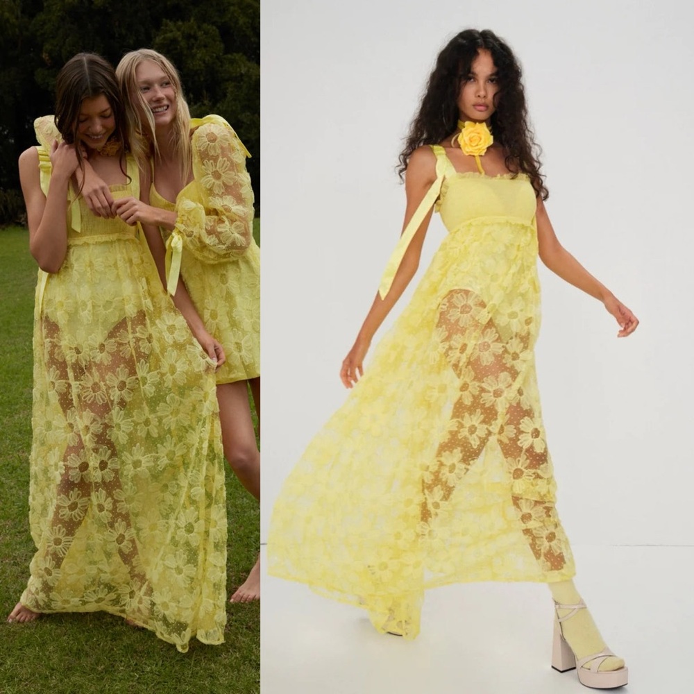NWT For Love & Lemons Emma Yellow Daisy Floral Sheer Maxi Dress